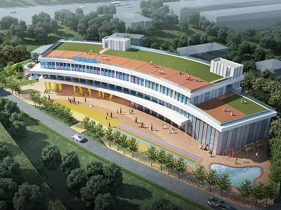 Aerial Planning of Modern Building With Green Roof Trees and Water Pool 3d model
