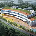 Aerial Planning of Modern Building With Green Roof Trees and Water Pool