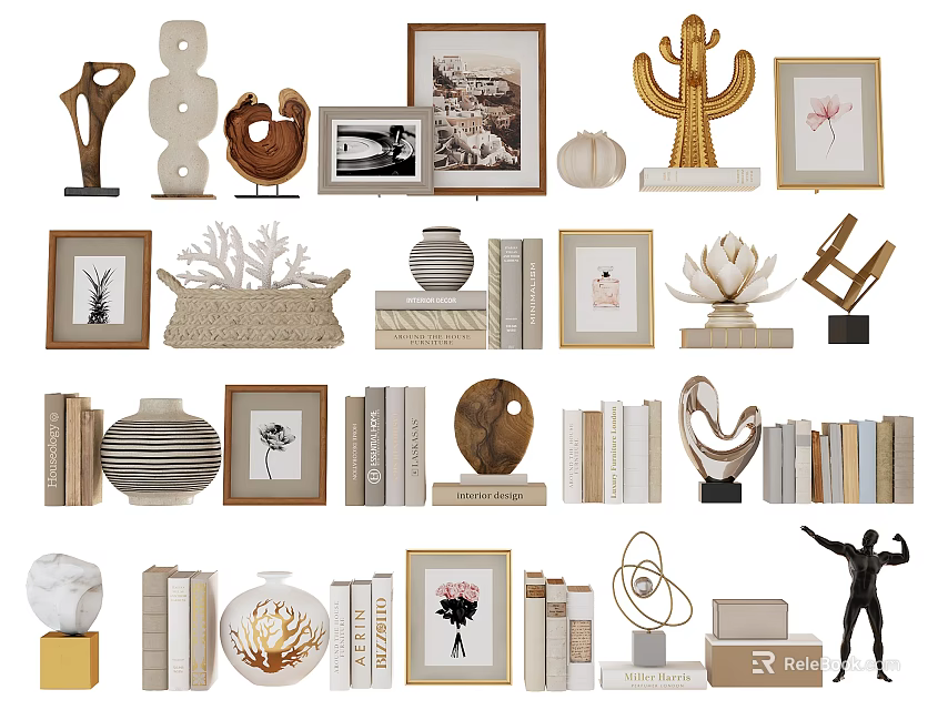 Decorative Ornament Collection With Sculptures Photo Frames Vases Books Coral And Lotus Decor 3d model 