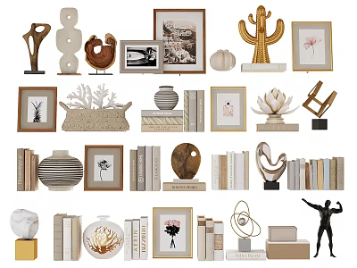 Decorative Ornament Collection With Sculptures Photo Frames Vases Books Coral And Lotus Decor 3d model