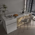 Modern Bar Counter Interior With Marble Top Bar Stools And Potted Plants