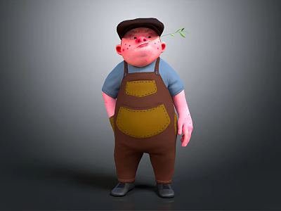 Chubby Cartoon Character In Black Cap With Red Nose Green Leaf Blue Shirt Overalls 3d model