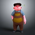 Chubby Cartoon Character In Black Cap With Red Nose Green Leaf Blue Shirt Overalls