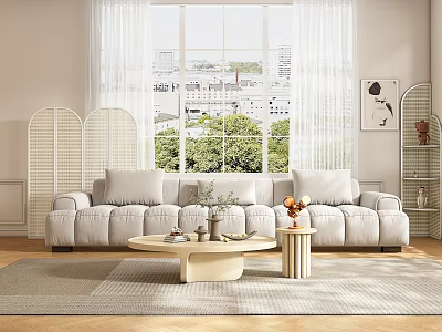 Modern Living Room Interior with Light Sofa Large Window White Curtains and Round Coffee Table 3d model