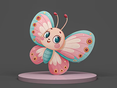 Cute 3D Flying Butterfly with Pink Blue Wings and Polka Dot Patterns on Pink Base 3d model