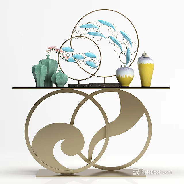 Elegant Decorative Ornament Collection With Circular Metal Frames Ceramic Vases And Fish Motifs 3d model 