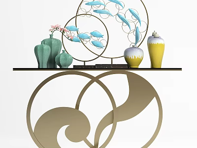 Elegant Decorative Ornament Collection With Circular Metal Frames Ceramic Vases And Fish Motifs 3d model
