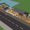 Modern Outdoor Public Space With Wooden Deck Blue Roof Building Water Area Greenery And Pedestrians