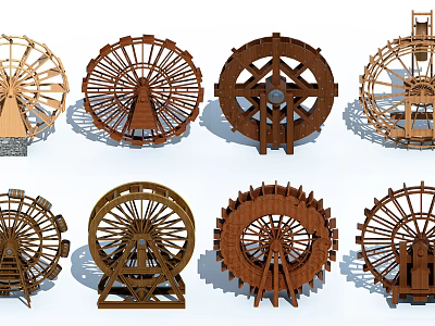 Garden Ornaments With Various Wooden Water Wheel Designs For Outdoor Decor 3d model
