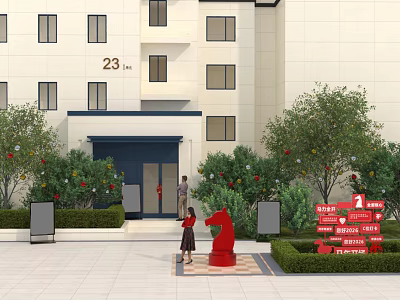 Garden Landscape in Front of White Building with Green Trees Shrubs Red Sculpture and People 3d model