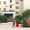 Garden Landscape in Front of White Building with Green Trees Shrubs Red Sculpture and People