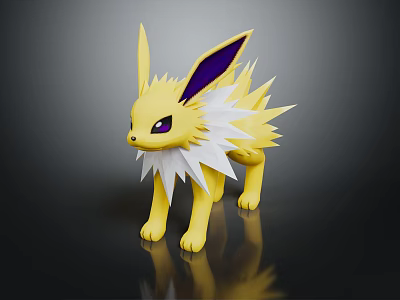 Yellow Electric Creature With Purple Ears And White Mane Standing On Black Background With Reflection 3d model