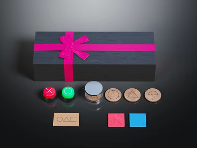 Black Gift Box Decorated With Pink Ribbon Bow And Colorful Stamps In Various Shapes 3d model