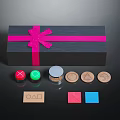 Black Gift Box Decorated With Pink Ribbon Bow And Colorful Stamps In Various Shapes