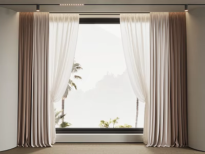 Window With Layered Beige And White Sheer Curtains And Palm Tree View 3d model