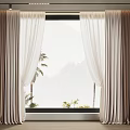 Window With Layered Beige And White Sheer Curtains And Palm Tree View