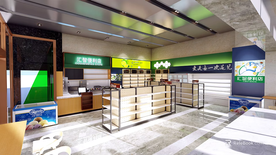 Spacious Supermarket Interior With Shelves Counter Signs And Product Displays 3d model 