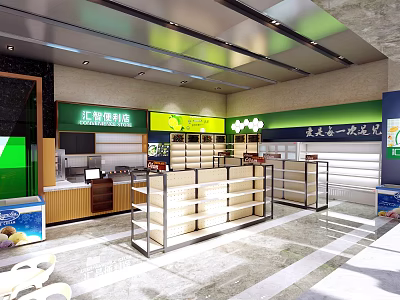 Spacious Supermarket Interior With Shelves Counter Signs And Product Displays 3d model
