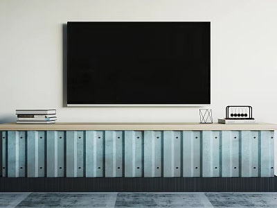 Modern TV Stand With Wooden Top Holding Television Books And Decorative Items On White Wall 3d model