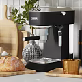 Modern Kitchenware With Black Canisters Coffee Maker Blue Bowls And Wooden Cutting Board On Shelves