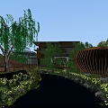 Scenic Park Landscape Featuring Weeping Willows Stream Wooden Walkway Glass Pavilion And Lush Greenery