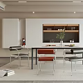 Modern Restaurant Interior With White Cabinets Black Table Colorful Chairs Lit Display Shelf And Decorations