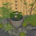 Japanese Garden Scene with Ceramic Pot Lily Pads Purple Flower Bamboo Fence and Stones
