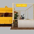 Yellow Food Truck Setup With Wooden Frame Structure Tables Chairs And Green Plants People Sitting