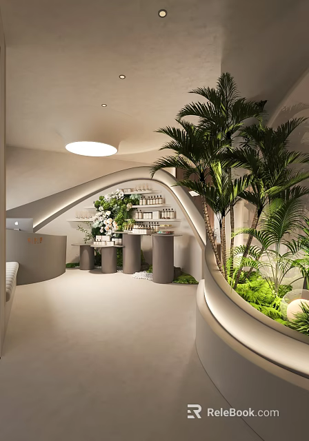 Modern Indoor Living Plant Wall Design With Curved Structure Palm Trees And Display Podiums 3d model 