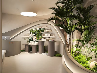 Modern Indoor Living Plant Wall Design With Curved Structure Palm Trees And Display Podiums 3d model