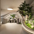 Modern Indoor Living Plant Wall Design With Curved Structure Palm Trees And Display Podiums