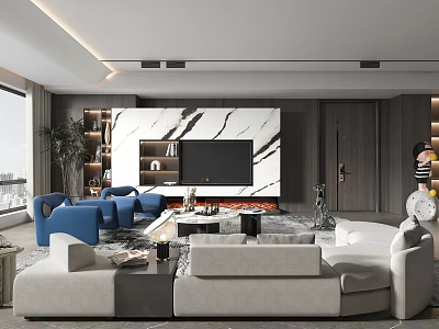 Modern Living Room With Marble TV Wall Sofa Blue Armchairs Coffee Table And Large Window 3d model