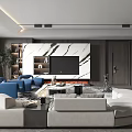 Modern Living Room With Marble TV Wall Sofa Blue Armchairs Coffee Table And Large Window