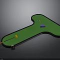 Mini Golf Putting Green T Shaped With Yellow Putter White Ball Purple Cone Blue Triangle