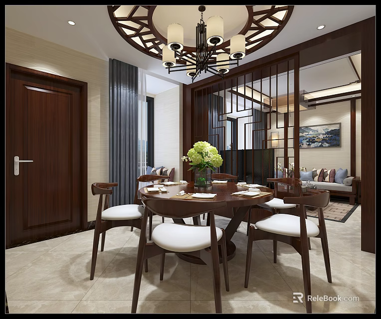 Chinese Style Restaurant Interior With Round Table Wooden Chairs Chandelier And Flower Arrangement 3d model 