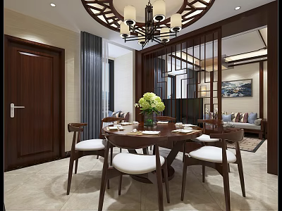 Chinese Style Restaurant Interior With Round Table Wooden Chairs Chandelier And Flower Arrangement 3d model