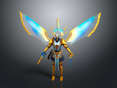 Golden Armored Mythical Warrior With Glowing Blue Wings And Staff 3d model