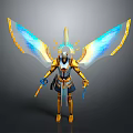 Golden Armored Mythical Warrior With Glowing Blue Wings And Staff