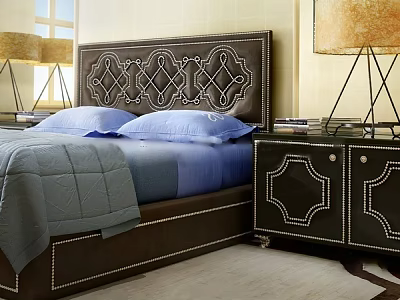 Double Bed With Tufted Diamond Headboard Blue Bedding And Nightstands With Table Lamps 3d model