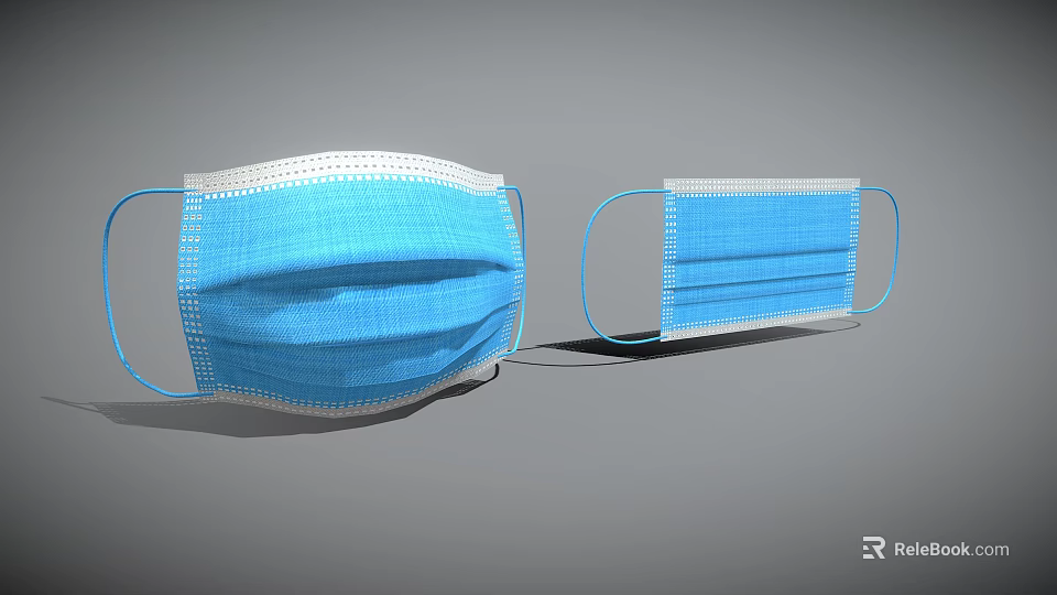 Blue Disposable Face Masks With Elastic Ear Loops And 3D Flat Design 3d model