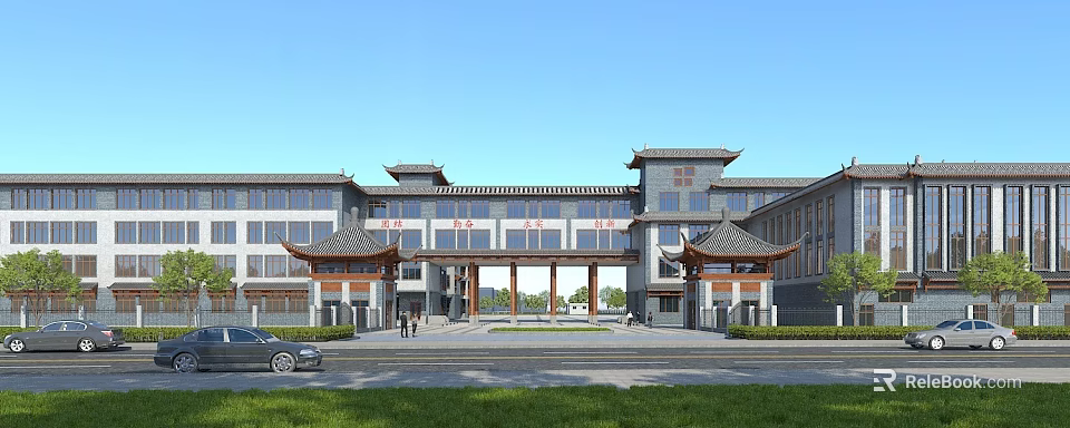 Chinese Style School Building With Traditional Eaves Multi Story Structure And Main Entrance Plaza 3d model 