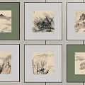 Traditional Chinese Landscape Paintings Framed In Colored Frames On Wall Decor 3d model