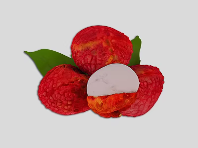 Fresh Lychee Fruits with Rough Red Skin Peeled White Flesh and Green Leaves 3d model
