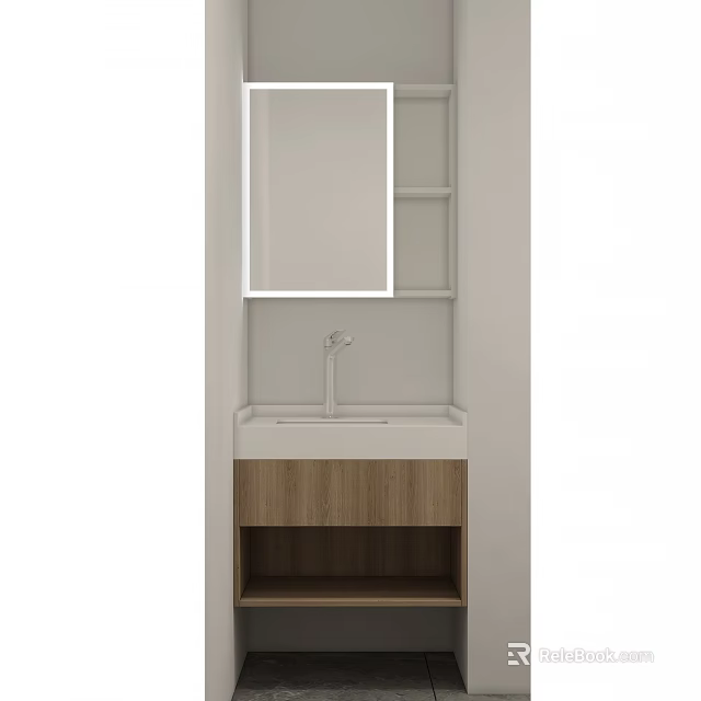 Modern Bathroom Washbasin Vanity With Mirror Faucet And Wooden Cabinet Storage 3d model 