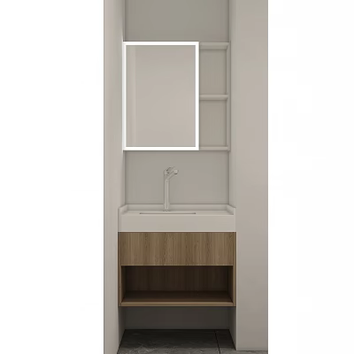 Modern Bathroom Washbasin Vanity With Mirror Faucet And Wooden Cabinet Storage 3d model