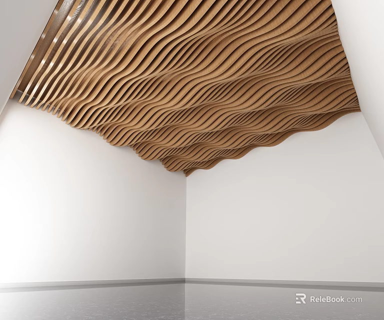 Elegant Wavy Brown Wooden Ceiling Design For Modern Interior Space 3d model 