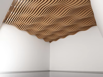 Elegant Wavy Brown Wooden Ceiling Design For Modern Interior Space 3d model