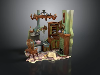 Vintage Kitchen Scene With Wooden Cabinets Chair Fireplace Chandelier And Cookware On Rug 3d model