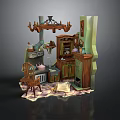 Vintage Kitchen Scene With Wooden Cabinets Chair Fireplace Chandelier And Cookware On Rug