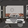 Modern Minimalist Bedroom Interior With Upholstered Headboard Round Decorative Mirror And Built in Wardrobes